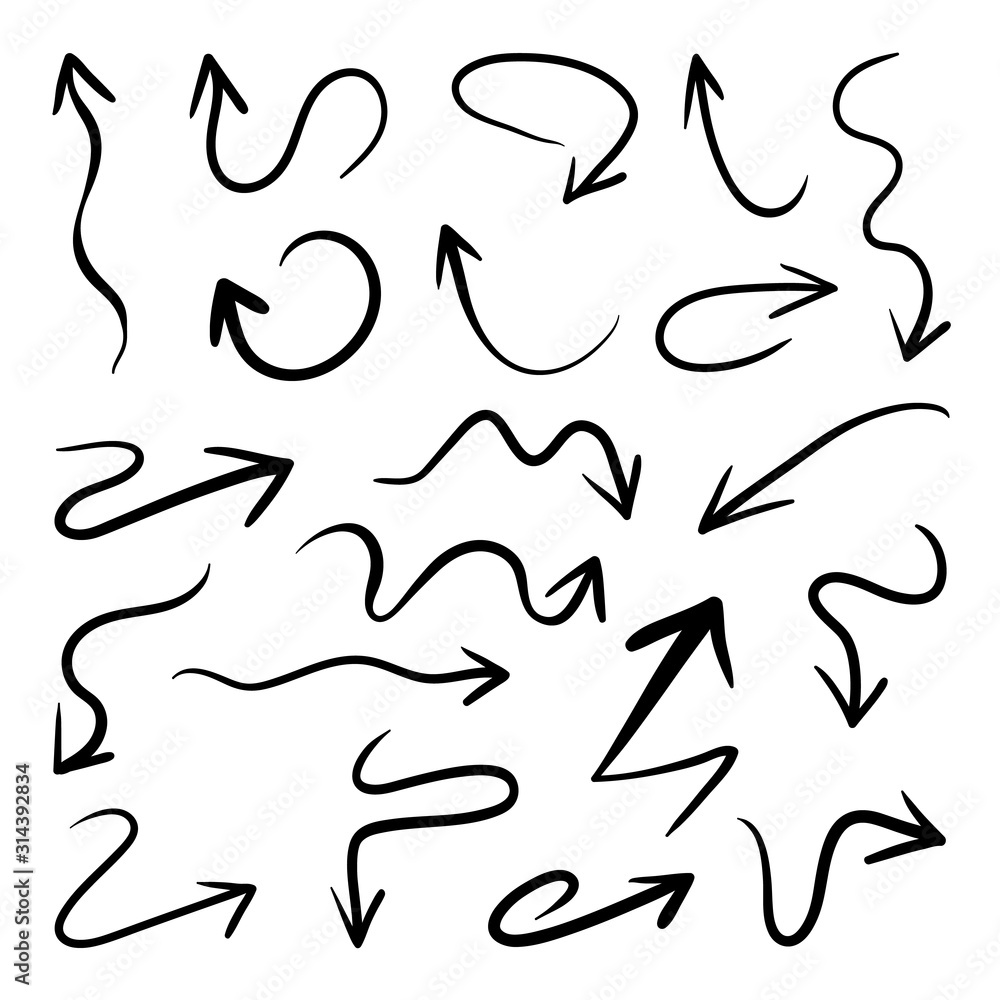 Aufkleber arrows hand drawn vector set. sketch arrow design for application, banner, print screen, pen marks, 
