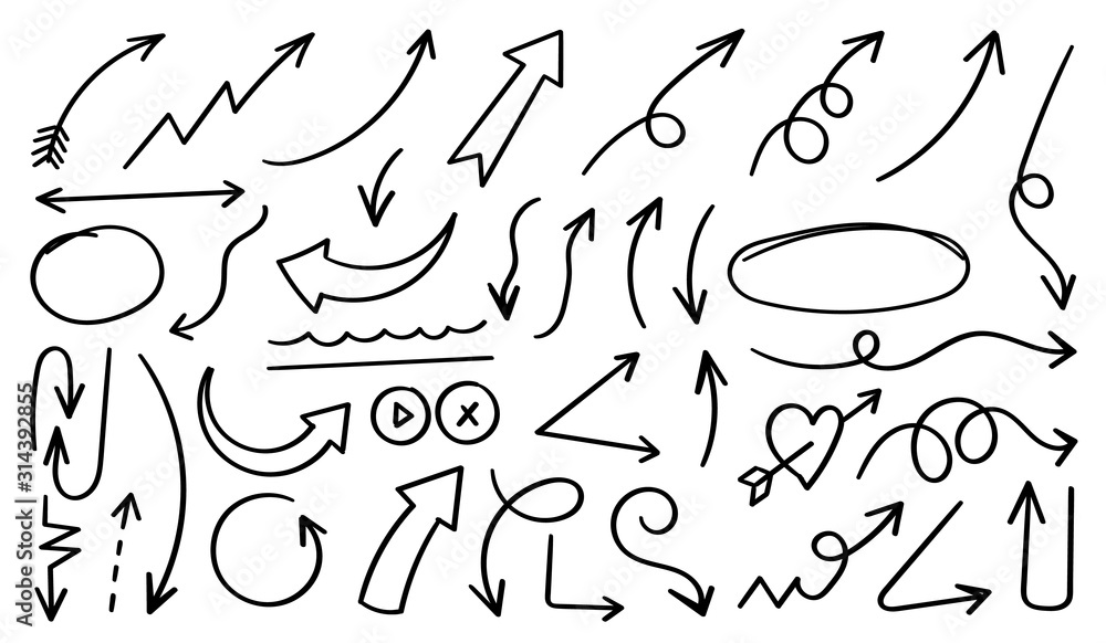 Poster arrows hand drawn vector set. sketch arrow design for application, banner, print screen, pen marks, 