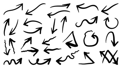 Arrows hand drawn vector set. Sketch arrow design for application, banner, print screen, pen marks, map and typography design guide line.