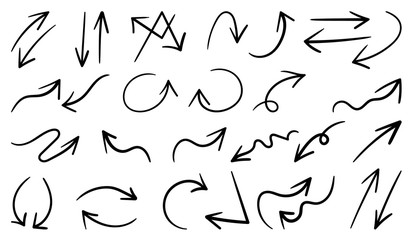 Arrows hand drawn vector set. Sketch arrow design for application, banner, print screen, pen marks, map and typography design guide line.