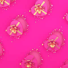 Happy Valentines Day, opened heart shape gift box  gold ribbon, confetti glitter on pink purple violet background. Greeting card, flat lay, banner, top view, copy space text. 3D illustration.