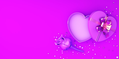 Happy Valentines Day, Rose flower heart shape gift box, confetti glitter on purple violet background. Greeting card, flat lay, banner, layout, top view, copy space text area. 3D illustration.