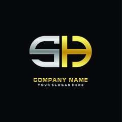 SH initial letters looping linked oval elegant logo silver, gold