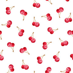 Seamless pattern with red berries of a cherry. Hand watercolor illustration on a white background. Design of packaging, wrappers, wallpapers, covers, fabrics, textiles, menus, postcards.