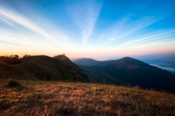 sunset and twilight light in the forest on the mountain