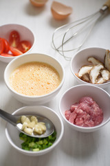 Food ingredients for making minced pork omelette in Thai style