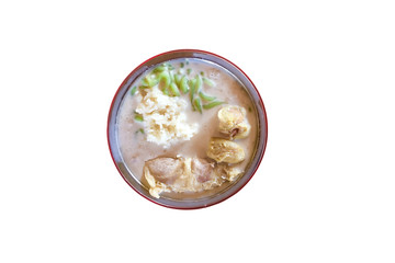 Cendol Durian or Durian Dessert closeup on white background. Cendol Durian is Malaysian popular dessert