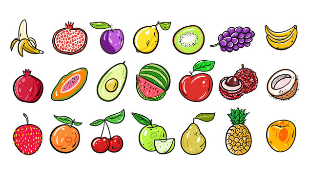 Cute Fruits big set collection. Vector illustration. Cartoon style. Isolated on white background.