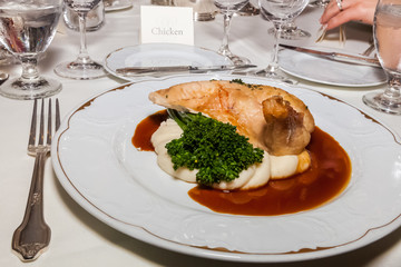 chicken entree at formal banquet