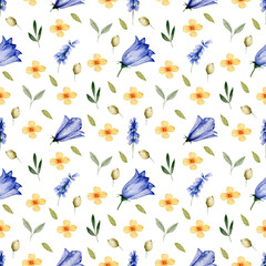 Blue yellow flower and green leaves Watercolor illustration seamless pattern on a white background. summer floral pattern stock 