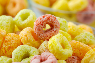 Close-up of cereal flakes food back ground.Food with delicious fruity taste and fruity colours.It's made with maize,wheat,and barley