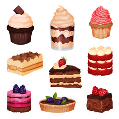 Tasty Sweet Cakes and Cupcakes Collection, Delicious Desserts with Fresh Berries Vector Illustration