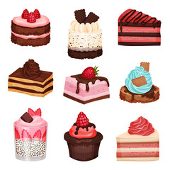 Sweet Cake Slices and Cupcakes Collection, Delicious Desserts with Fresh Berries Vector Illustration