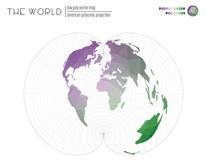 Low poly world map. American polyconic projection of the world. Purple and green colored polygons. Modern vector illustration.