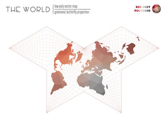 Abstract geometric world map. Gnomonic butterfly projection of the world. Red Grey colored polygons. Energetic vector illustration.
