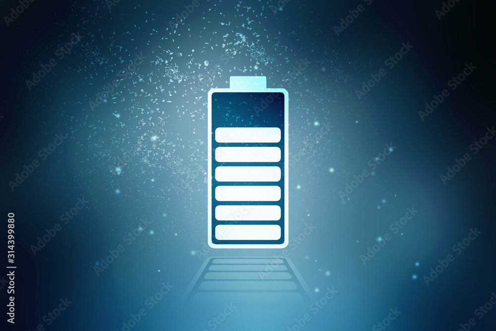 Poster 2d rendering electrical energy and power supply source concept, accumulator battery with charging le