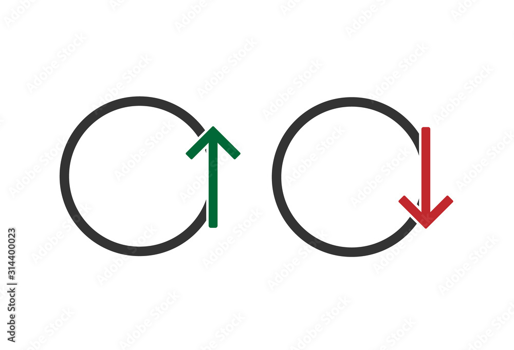 Poster up and down red and green arrows course blank flat icon. concept of simple badge or forecast of purc