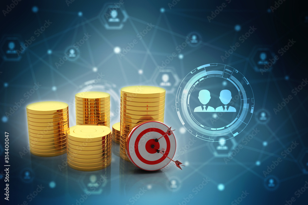 Poster 3d rendering gold coins with target