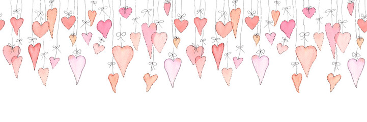 Seamless watercolor border pattern for Valentine's day with pink hearts hanging on ribbons, isolated on a white background. Hand watercolor drawing for Wallpaper, greetings, invitations, wedding decor © Outlander1746