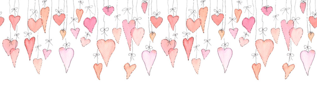 Seamless watercolor border pattern for Valentine's day with pink hearts hanging on ribbons, isolated on a white background. Hand watercolor drawing for Wallpaper, greetings, invitations, wedding decor