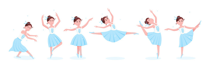 Young beautiful ballerinas set dressed in tutu and pointe shoes standing at the pose flat style design vector illustration isolated on white background. Elegant young character of classic ballet.