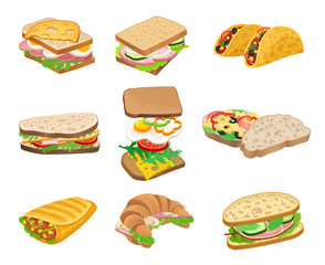 Subs and Sandwiches with Various Ingredients Vector Set