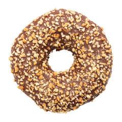 Chocolate Donut dessert with frosted glazed and nuts sprinkles top view isolated on white background. Front View.