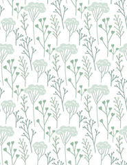 Seamless flat hand drawn pattern with blue branches, dill and twig on white background. Vector rustic texture for wallpaper, fabrics and your creativity.