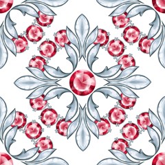Seamless baroque pattern with red ruby gems and silver scrolls