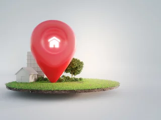 Fotobehang House symbol with location pin icon on earth and green grass in real estate sale or property investment concept. Buying land for new home. 3d illustration of big advertising sign. © terng99