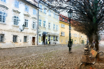 oil painting style illustration of Prague alley with old houses, antique street