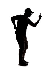 Silhouette of a man wearing casual clothes isolated on a white background. He is being rude and...