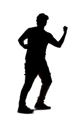 Silhouette of a man wearing casual clothes isolated on a white background. He is punching and...