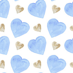 watercolor blue and gold hearts seamless pattern on a white background.