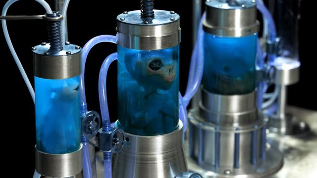 Aliens in cylindrical glass vessels (flasks), in a liquid with air supply (bubbles), similar to a laboratory for experiments, similar to mutants, close-up