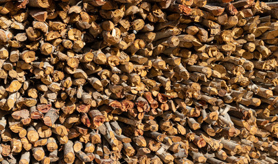 The pile of firewood that has been cut and laid in layers