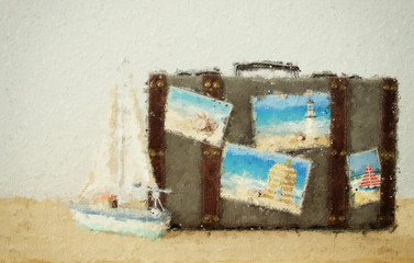 oil painting style illustration of old vintage luggage with vacation photos over wooden floor.