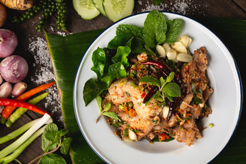 [Thai Esan food] Spicy Minced Fish Salad, Thai Esan local food, Thailand
