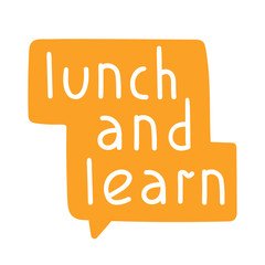 Speech bubble icon - lunch and learn. Vector hand drawn badge illustration on white background.