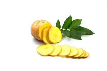 potato sliced with leaves  isolated on white background