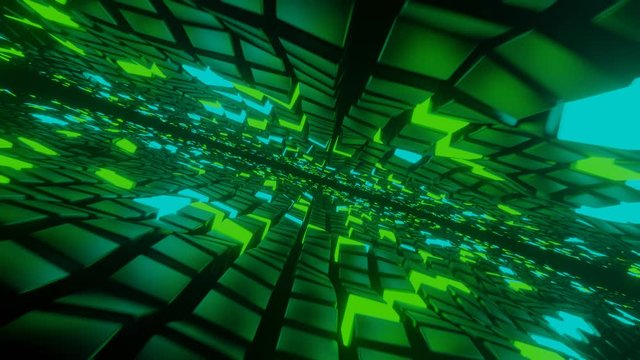 Big data digital code. Futuristic information technology. Green and blue color light. 3d rendering animation.