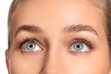 Fototapeta premium Young woman with beautiful eyebrows, closeup