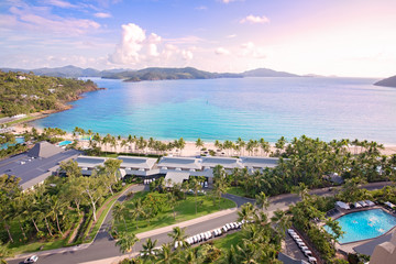 Catseye beach Hamilton Island, Whitsundays, aerial view, ocean and islands into the distance, Great Barrier Reef, Queensland Australia