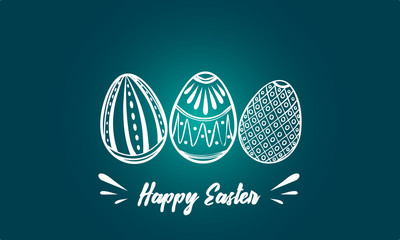Happy Easter card with copy space. Easter eggs illustration on the blue background. Three painted easter eggs.