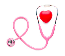 Stethoscope and red heart on white background