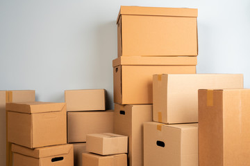 Close up photo of a stack of moving boxes