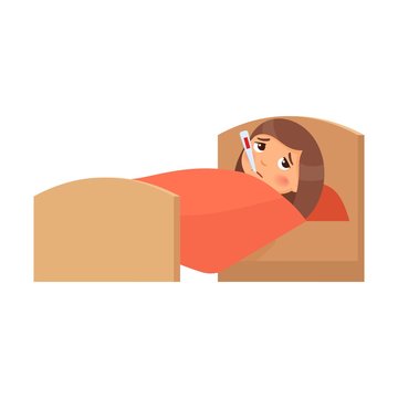 Sick girl with thermometer in bed flat vector illustration. Child with high  temperature cartoon character. Fever, influenza symptom. Kid with cold.  Patient relaxing under blanket isolated on white Stock Vector | Adobe