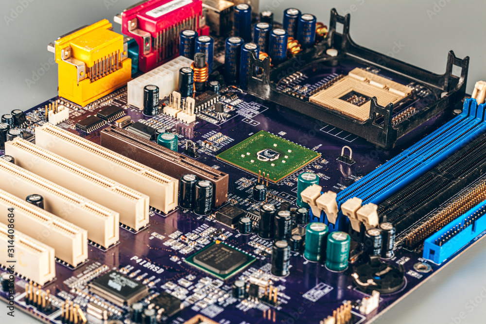 Poster computer electronic circuit board with processor close up