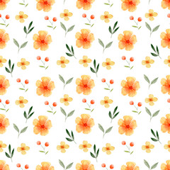 Yellow flower red berries green leaves Watercolor illustration seamless pattern on a white background. summer floral pattern stock illustration