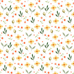Summer pattern watercolor Yellow flower red berries green leaves illustration seamless pattern on a white background. 